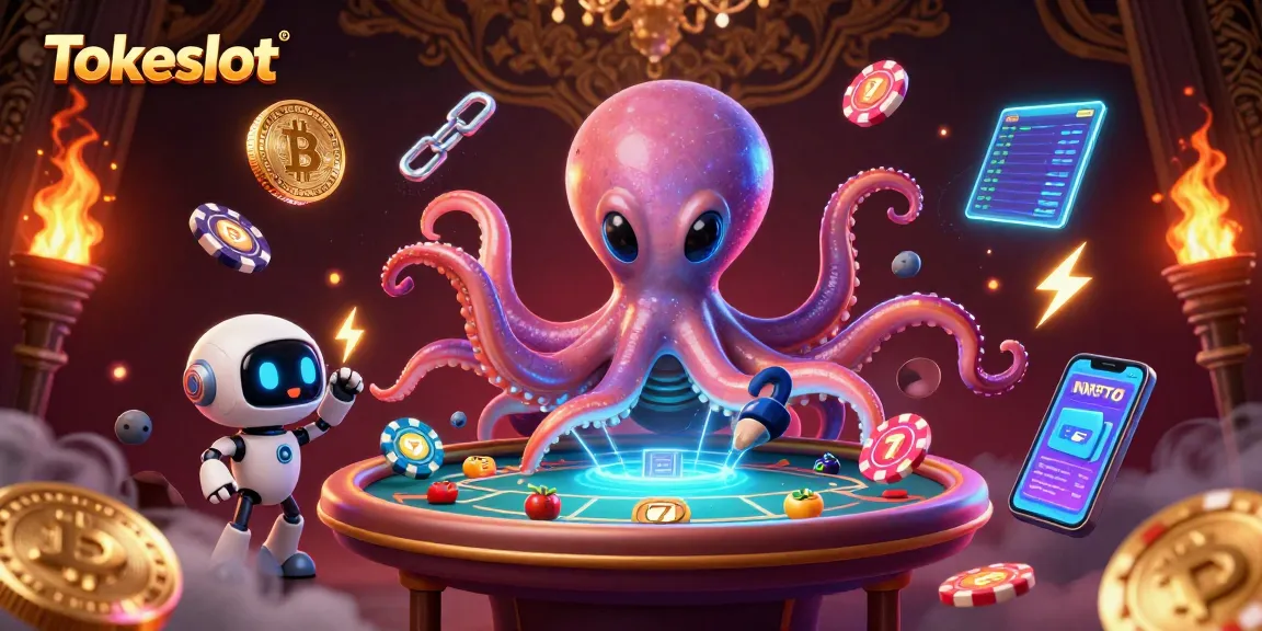Tokeslot platform showcases a thrilling 3D scene with an alien octopus at a poker table, gaming excitement in space.