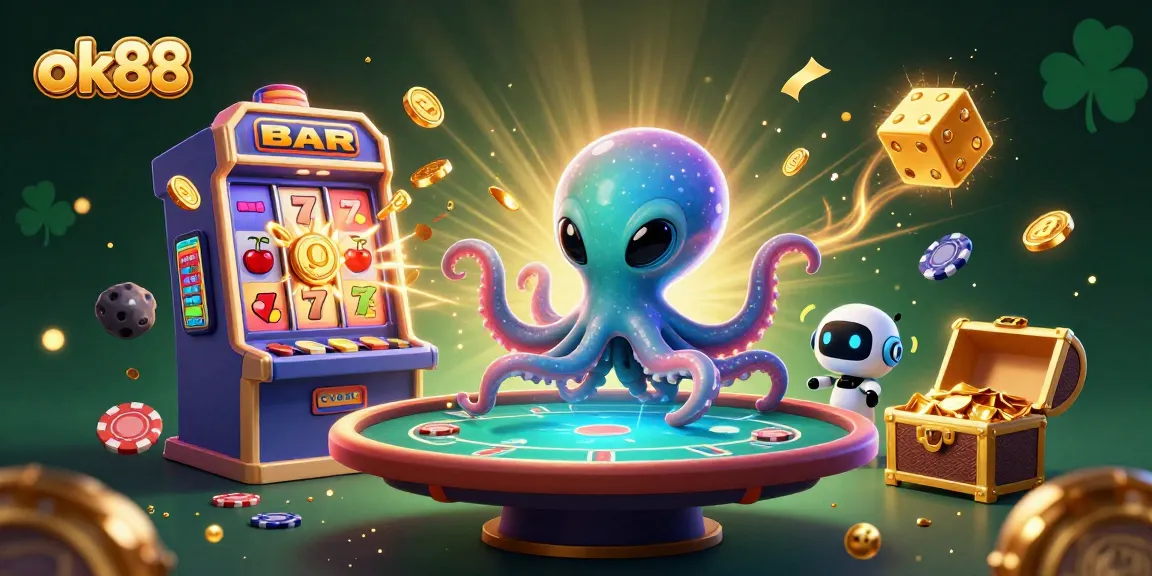 Engage in thrilling poker action with ok88, featuring an alien octopus at a holographic table amidst a casino explosion.