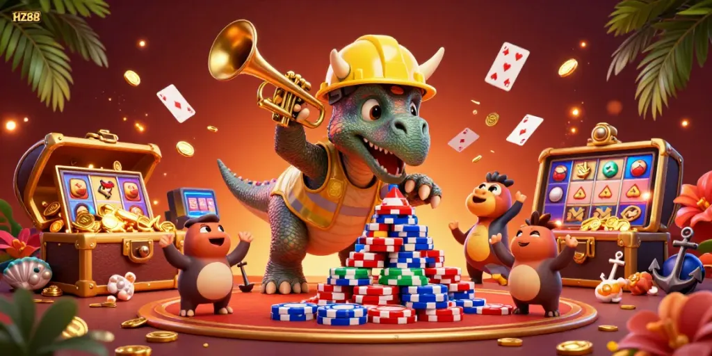 Experience HZ88 in a vibrant 3D illustration with triceratops, celebrations, and casino excitement.