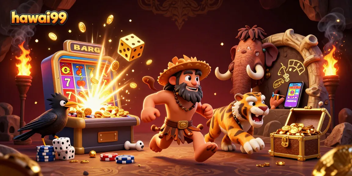 Experience thrilling action at hawai99's prehistoric casino with vibrant characters and a jackpot explosion.