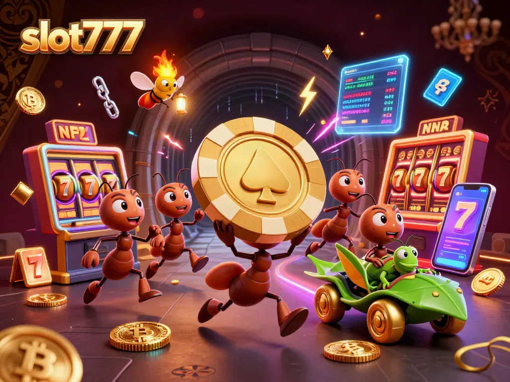 Slot777 menghadirkan aksi seru dengan karakter semut mencuri chip poker emas dalam suasana kasino yang cerah.