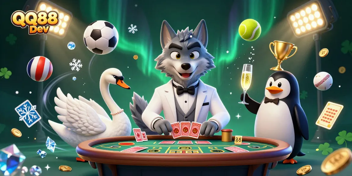 Experience the excitement of betting with QQ888 Dev featuring a debonair wolf and elegant swan in a vibrant casino setting.