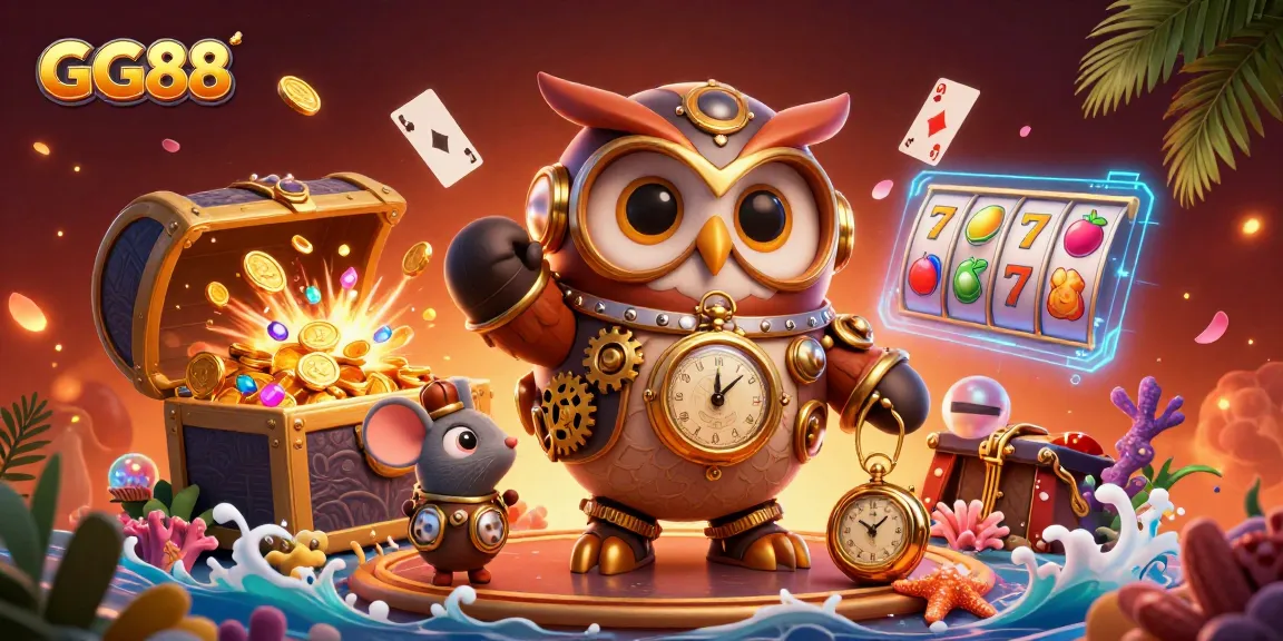Experience thrilling gameplay with GG88's vibrant 3D illustration featuring casino elements and adventures.