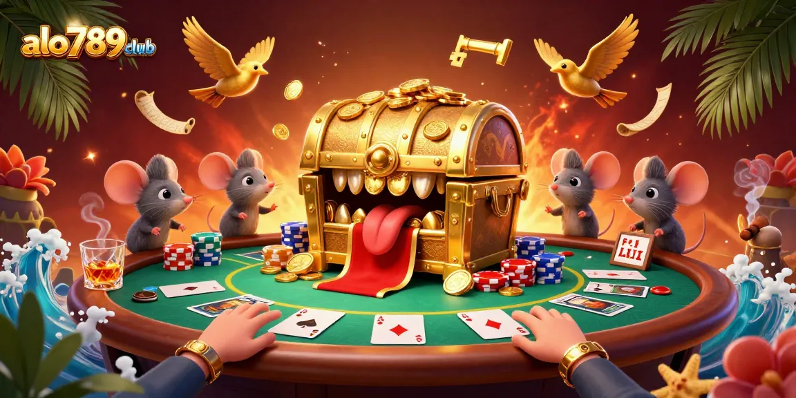 Engage with the exciting world of betting at alo789club, featuring a vibrant poker scene with golden treasure elements.
