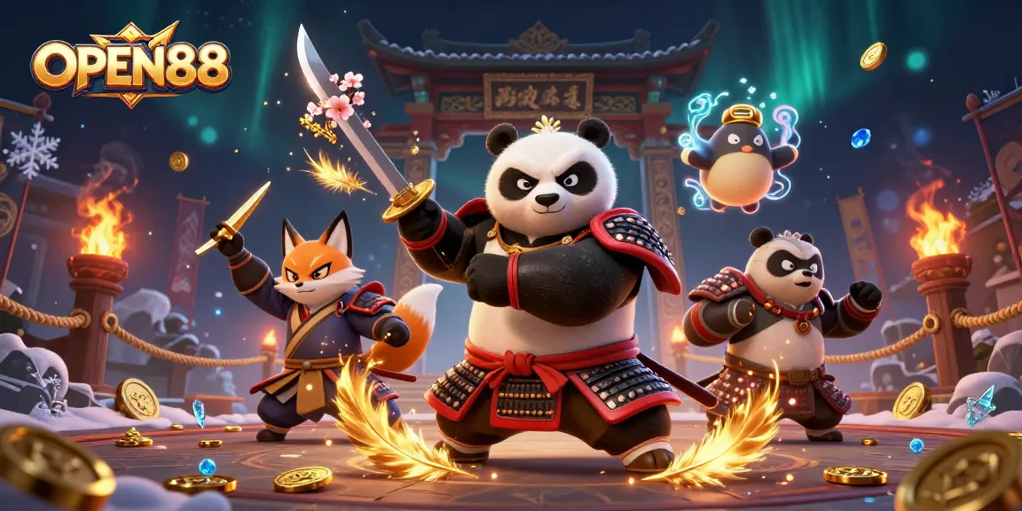 OPEN88 showcases a vibrant scene with samurai panda and ninja fox in a dynamic gambling environment.