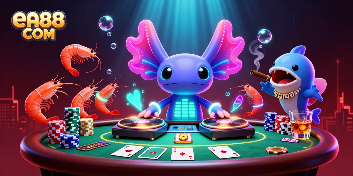 Engage with dynamic gambling fun at ea88 COM featuring vibrant axolotl DJ, poker elements, and underwater glow effects.
