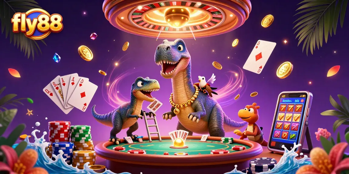 Engage with fly88's thrilling gaming scene featuring a playful brontosaurus and raptor at a poker table.