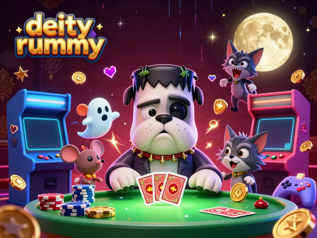 Permainan kartu deity rummy oleh monster bulldog dan kucing serigala di meja kasino