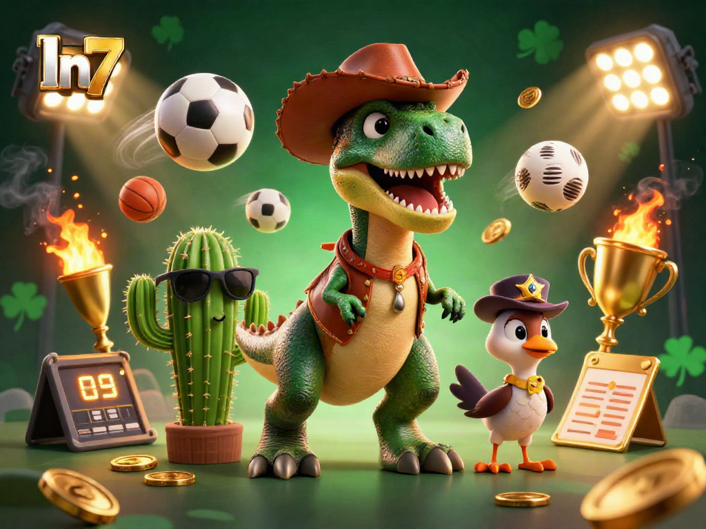 Experience thrilling In7 sports betting action with a cartoon T-Rex and friends in this lively scene.