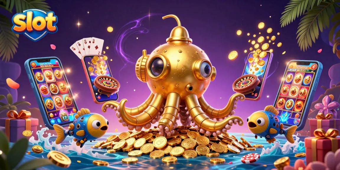 Experience thrilling slot action with a golden kraken submarine amid golden coins and fun game elements.