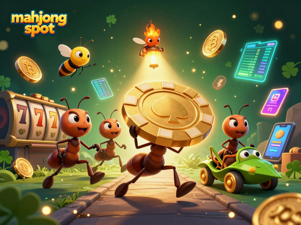 Experience thrilling mahjong slot gameplay with cartoon ants, crypto coins, and vibrant casino elements.