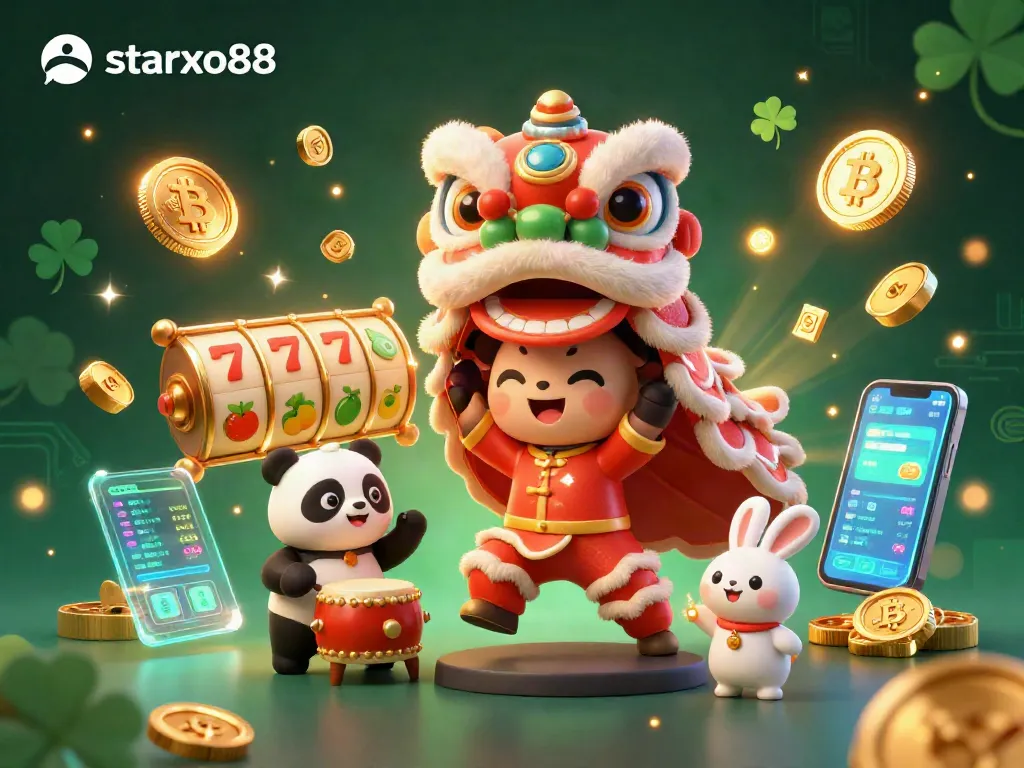 Experience vibrant gaming with starxo88 in a dynamic 3D illustration featuring festive characters and winning symbols.