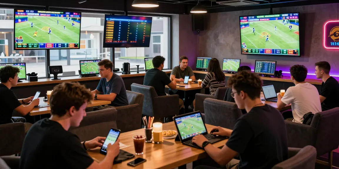 Live betting excitement with Prediksi Bola Malam Ini displayed on screens, showcasing vibrant sports lounge atmosphere.