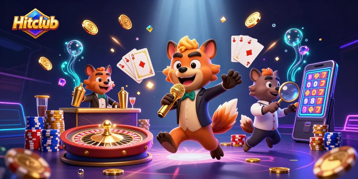 Experience Hitclub's vibrant casino atmosphere with animated hyenas, jackpot reels, and golden coins.