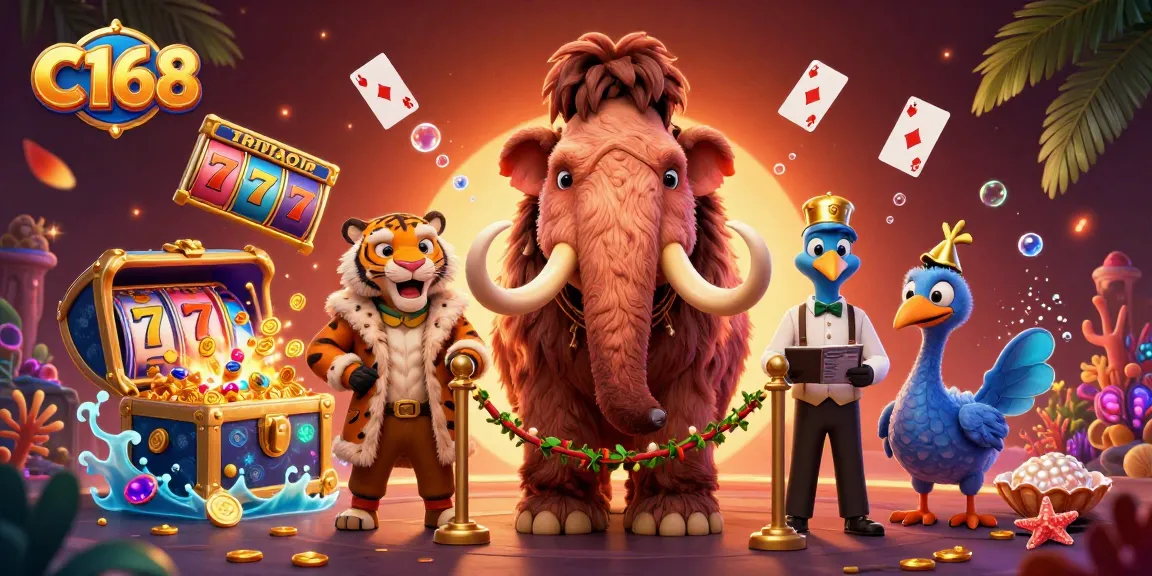 C168 welcomes players with a vibrant casino scene featuring a mammoth bouncer, VIP tiger, and rich gaming elements.