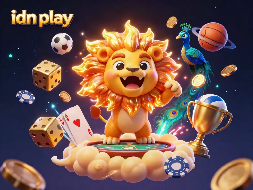 Engaging scene of idn play featuring a vibrant sun lion and poker elements amid a dynamic gaming backdrop.