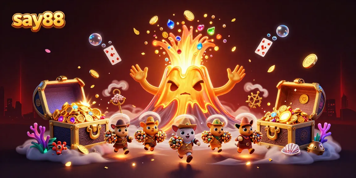 Experience excitement at say88 with vibrant treasures and thrilling casino elements in a 3D illustration.