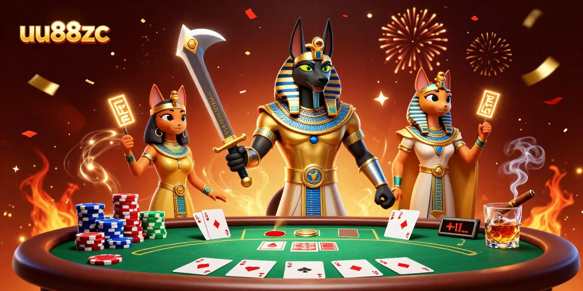 Experience thrilling poker action at uu88zc with ancient Egyptian characters and vibrant casino elements.