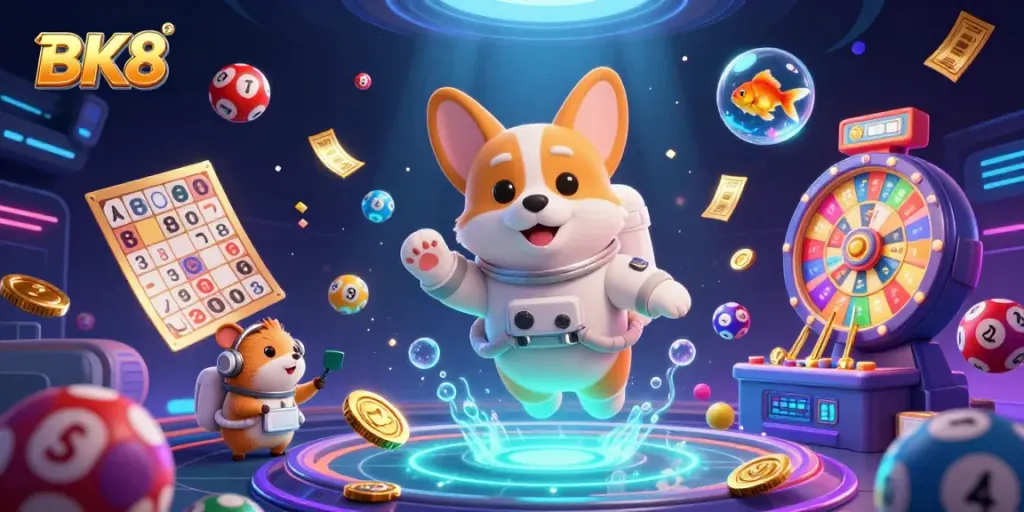 Experience the thrilling universe of BK8 with an astronaut corgi and dynamic casino elements.