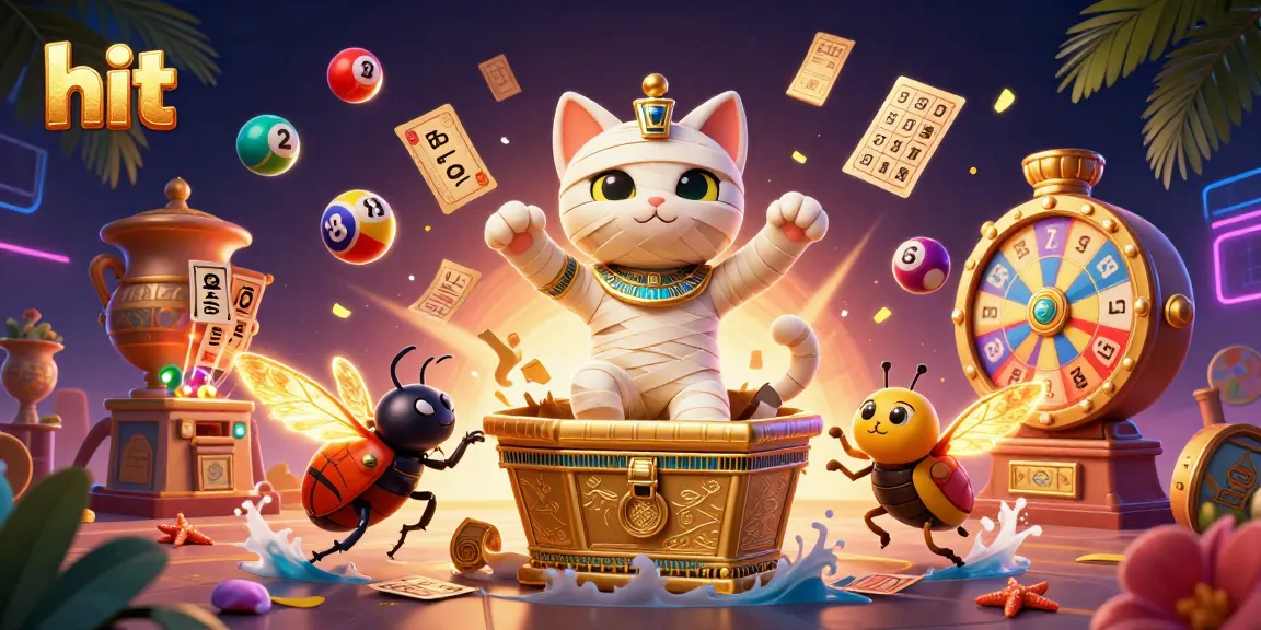 Experience the excitement of hit games with the mummy cat and scarab beetle in a vibrant casino scene.