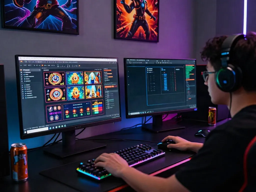 A dedicated gamer enjoying the QQMacan platform with a modern gaming setup showcasing vibrant graphics and real-time analytics.