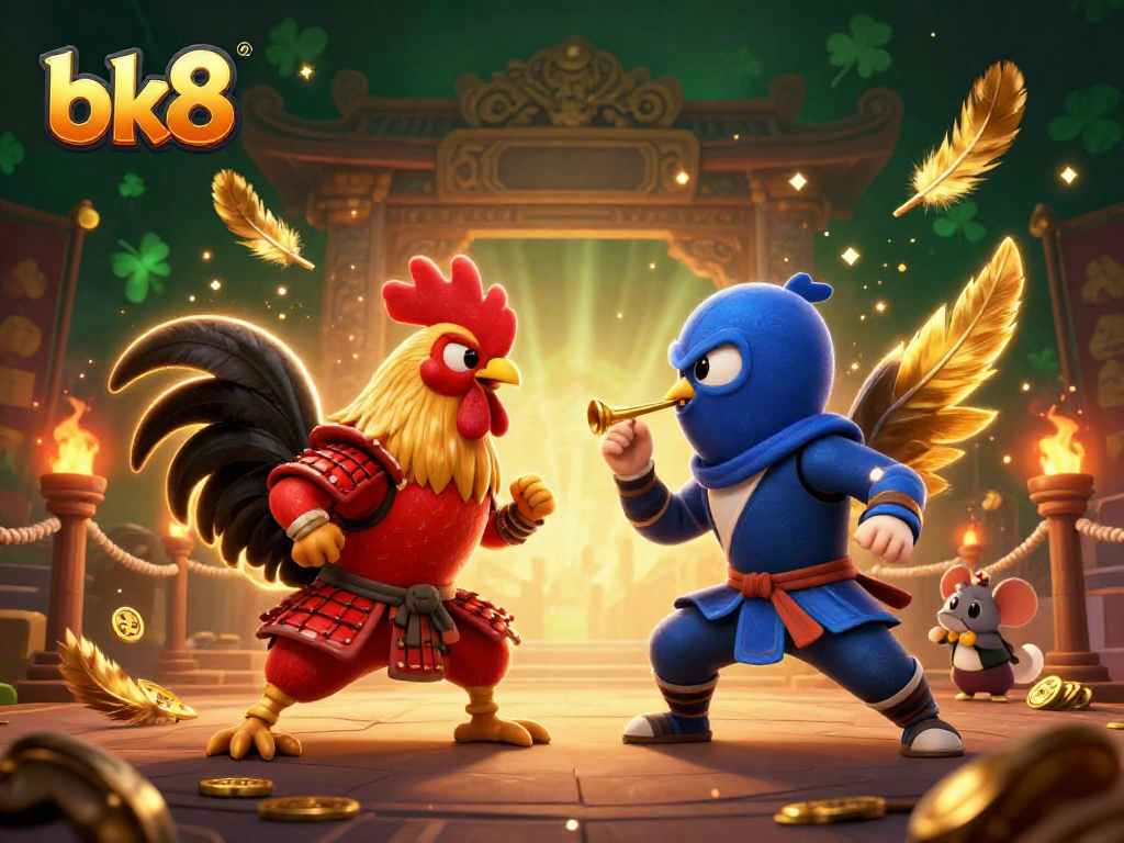 Engage in thrilling bk8 combat featuring colorful fighting roosters in a dynamic casino showdown.