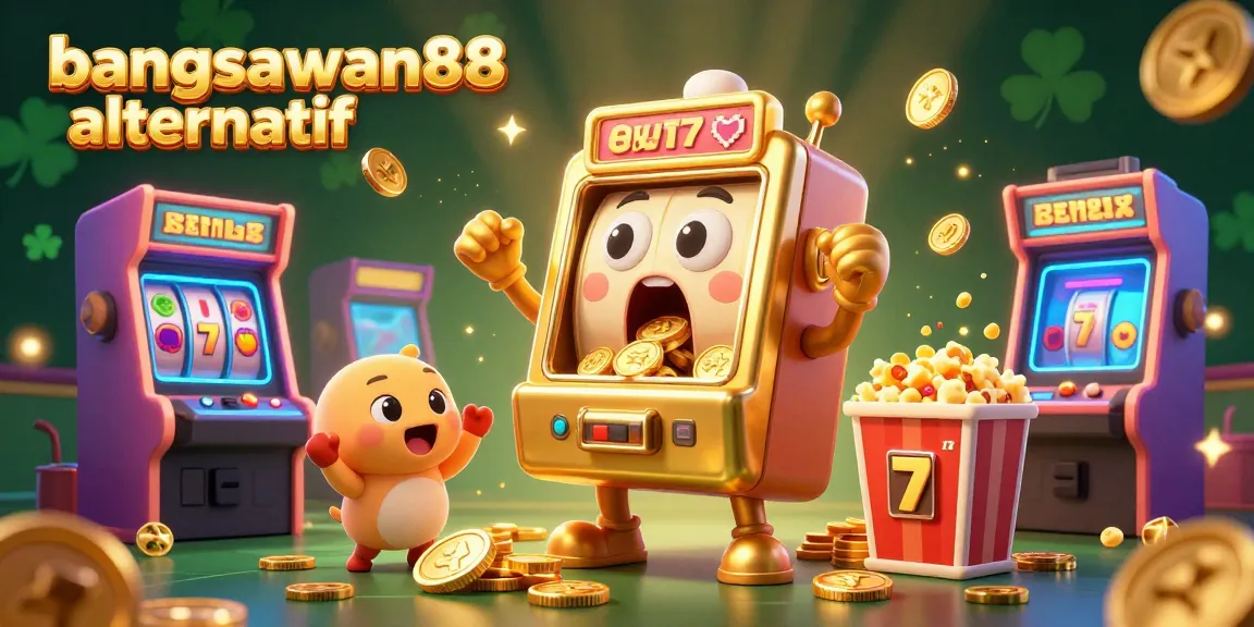 Experience excitement with bangsawan88 alternatif as a golden slot machine wins a jackpot amidst vibrant casino elements.