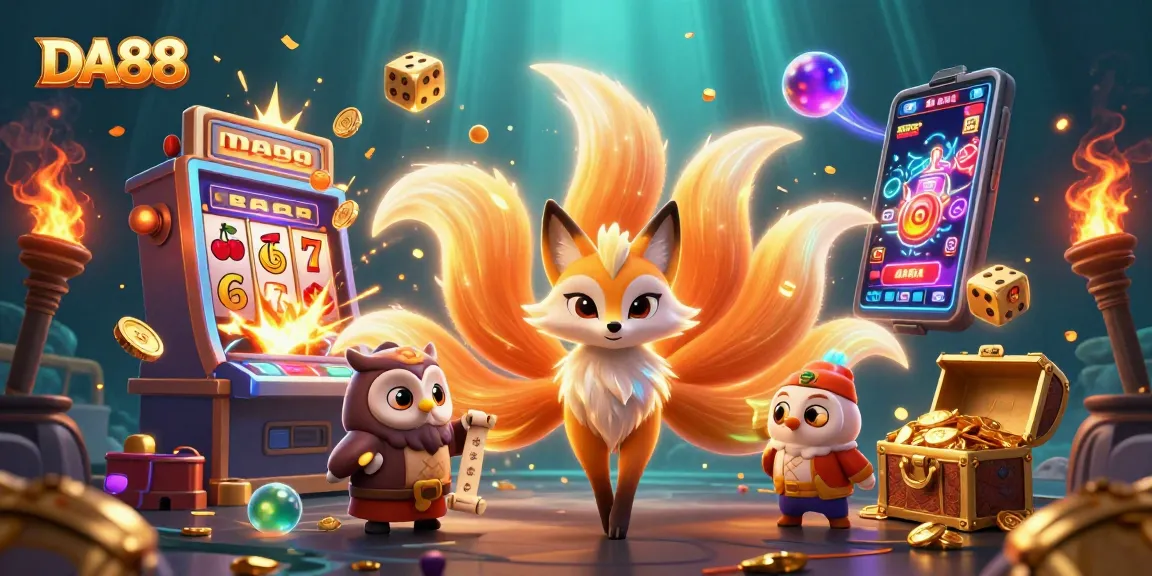 Engage with DA88's vibrant gaming scene featuring rich slot machine visuals and enchanting characters.