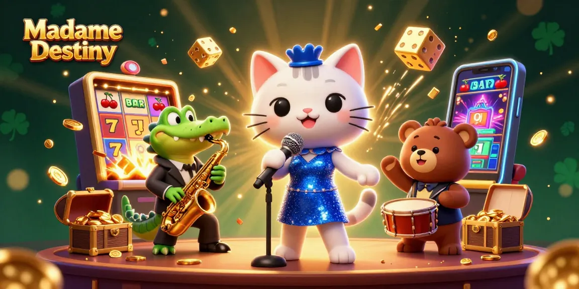 Experience exhilarating wins with Madame Destiny featuring a jazzy cat and vibrant casino elements.