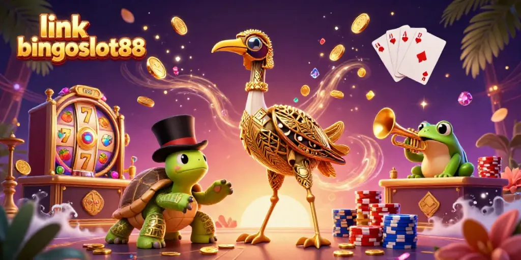 Raih kemenangan tinggi dengan link bingoslot88 dalam ilustrasi kasino yang penuh warna dan detail.