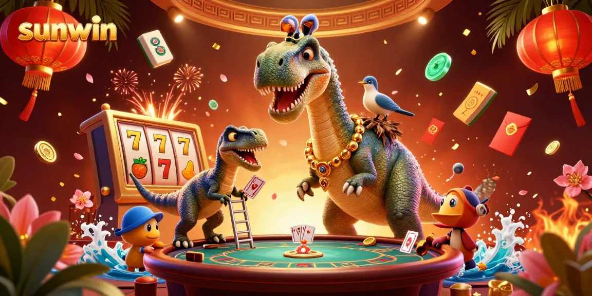 Engage with sunwin's colorful gaming scene featuring playful characters in a vibrant casino atmosphere.