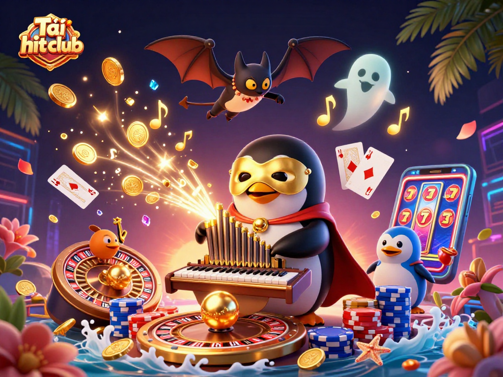 Experience Tải hit club with a penguin playing organ, golden coins flying in an action-packed casino scene.
