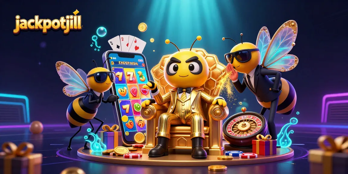 Engage with jackpotjill in a vibrant casino scene featuring a bumblebee mob boss and dazzling game elements.