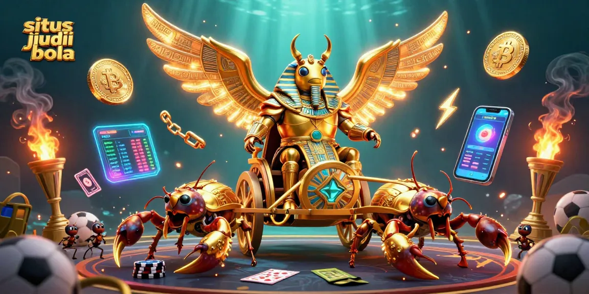 Engage in situs judi bola with this vibrant scene featuring a golden scarab, sports elements, and cryptocurrency.