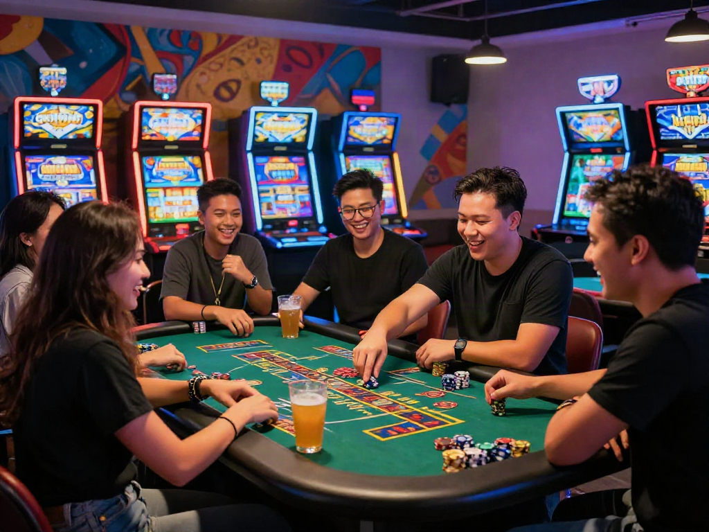 Exciting slot gacor 4d gaming scene with friends enjoying a vibrant casino atmosphere.