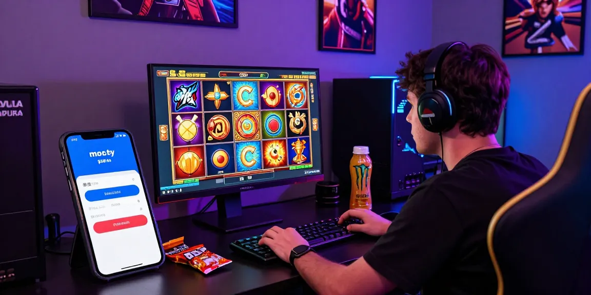 Player enjoying a game on a deposit pulsa tanpa potongan platform, showcasing colorful slot visuals and a lively gaming environment.