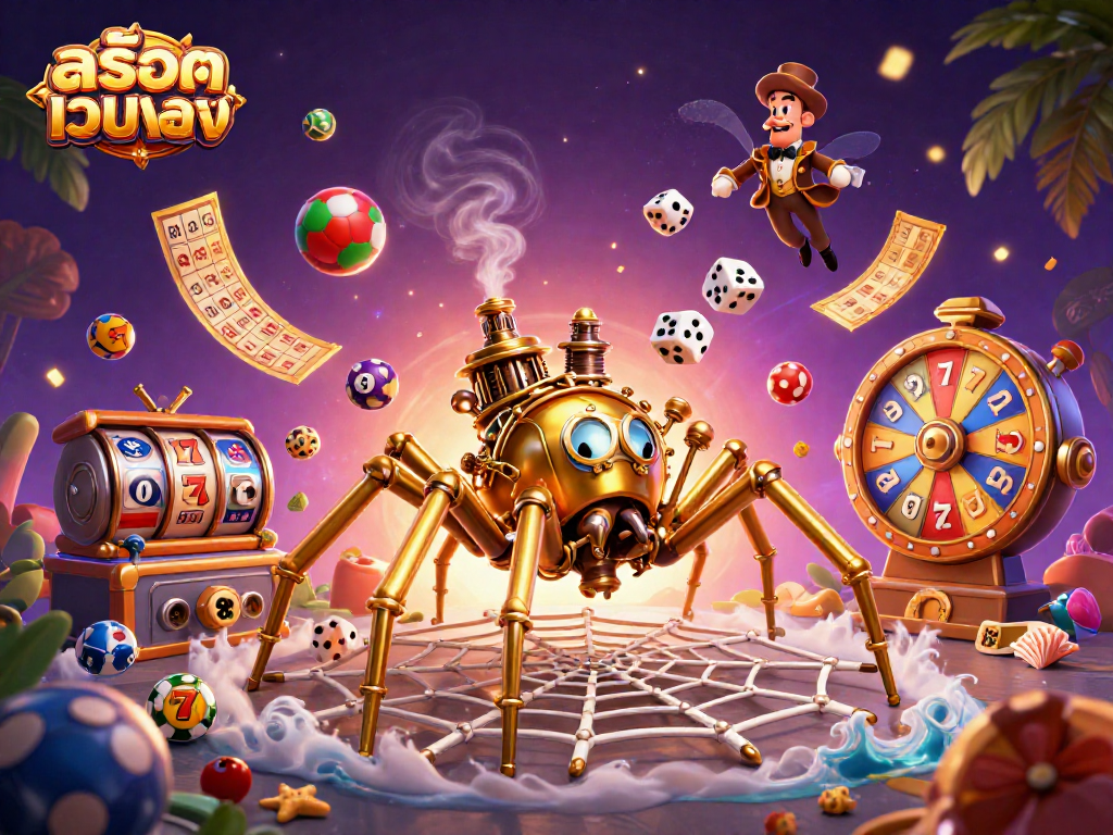 Engage with สล็อตเว็บตรง through a vibrant 3D scene featuring a golden spider and dice.