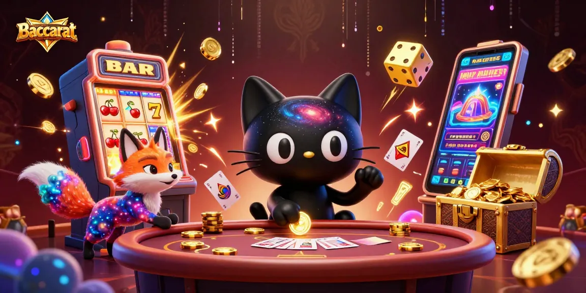 Baccarat gameplay featuring a whimsical black hole cat and neblous fox amid exciting casino elements.
