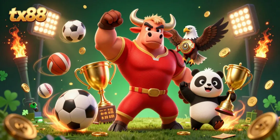 Win big with tx88 as the bull mascot celebrates victory in a vibrant casino scene.