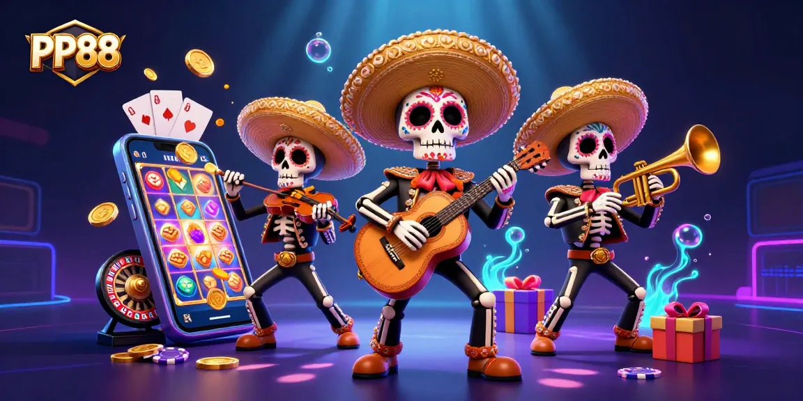 Experience thrilling gaming with PP88 as skeleton mariachi band celebrates vibrant online casino action.