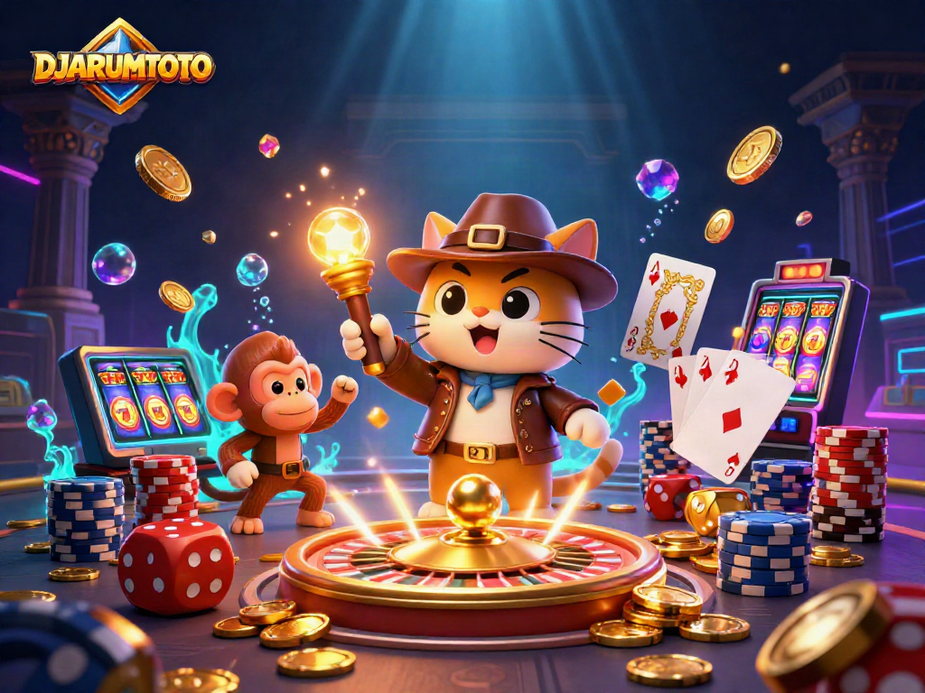 Engaging 3D illustration showcasing DJARUMTOTO's vibrant casino adventure featuring an explorer cat and monkey.