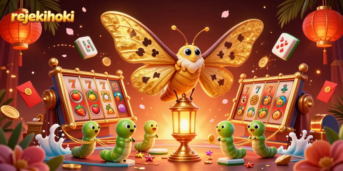 Engage with rejekihoki’s vibrant slot experience featuring golden moths and casino symbols.