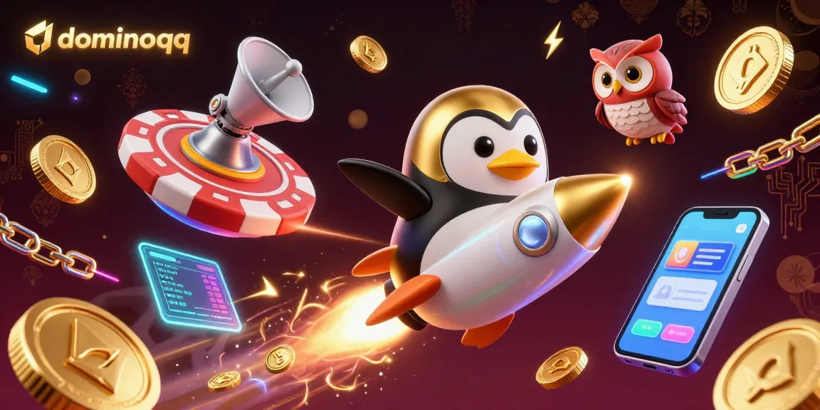 Join the exciting dominoqq adventure with a golden penguin racing to the casino in this vibrant illustration.