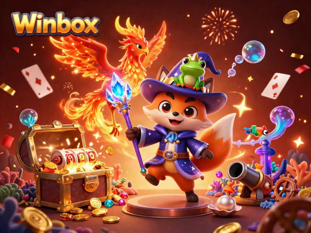 Engage with Winbox's exciting casino experience featuring a wizard fox and phoenix amid vibrant slot elements.