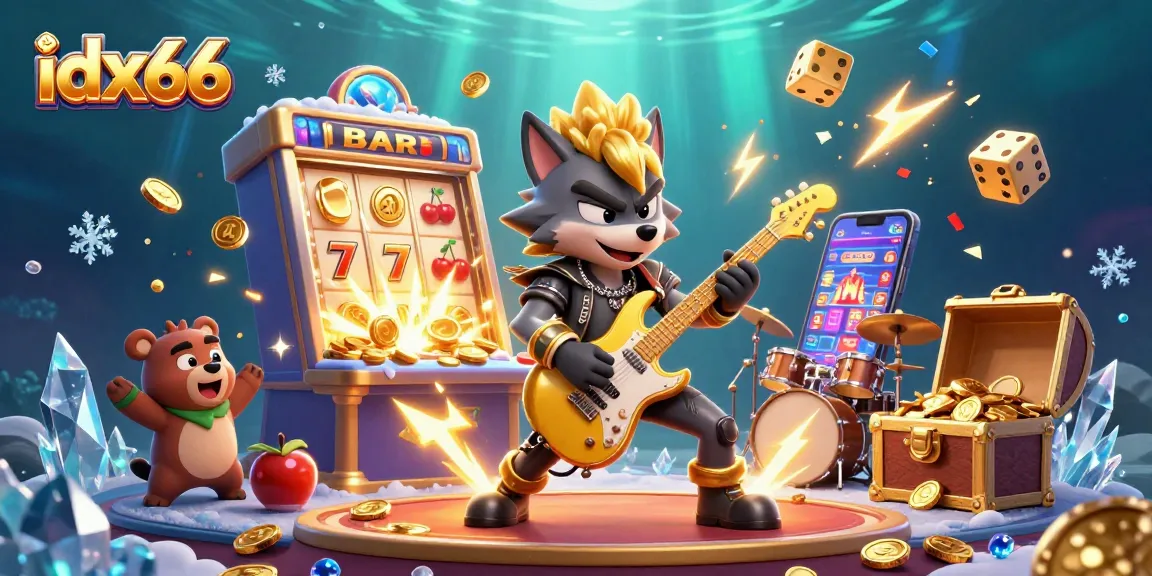 Permainan slot gacor di idx66 dengan slot machine dan simbol keberuntungan melimpah.