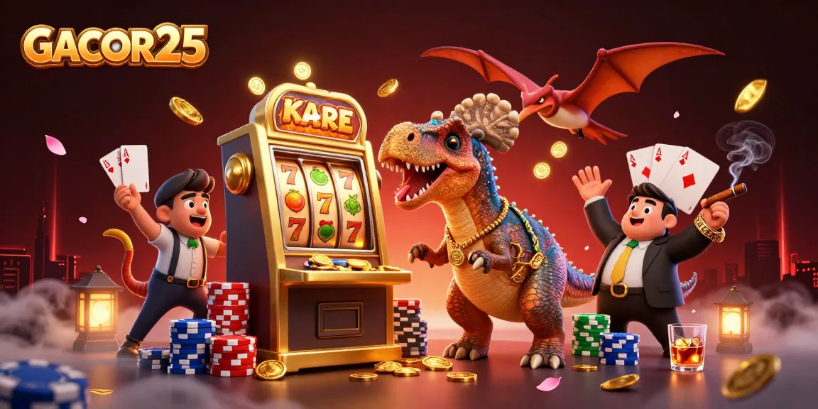 Experience GACOR25 excitement with dinosaurs and jackpot coins in a vibrant casino scene
