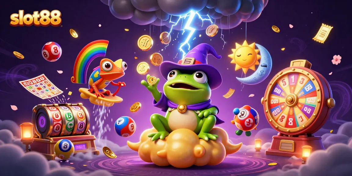Engage with slot88 in a vibrant scene featuring magical characters amidst slot reels, golden coins, and dynamic lottery elements.