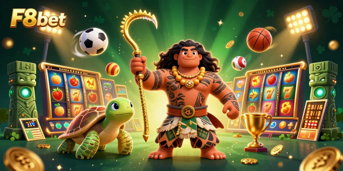 Engage in exciting gaming with F8bet featuring vibrant cartoon elements of slots and sports.