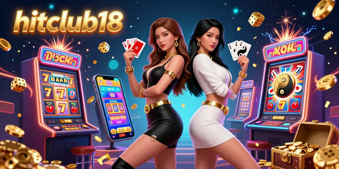 Winning at hitclub18 with stunning twin Asian women in casino attire surrounded by slot machines and vibrant game elements.