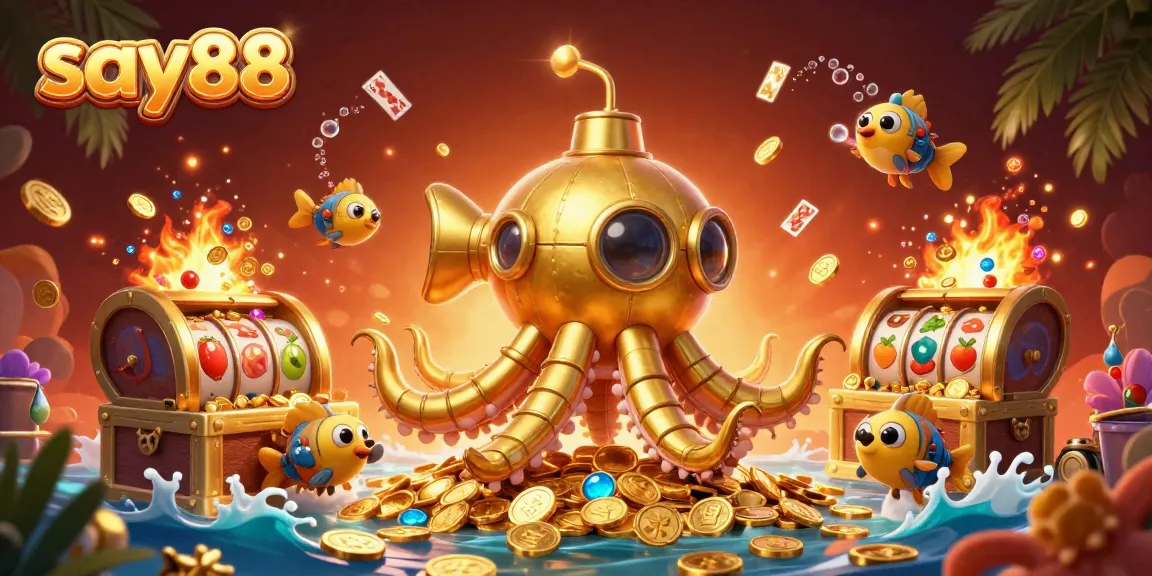 Engage with say88's thrilling casino experience showcased in a vibrant underwater scene with spinning slot reels and gold coins.